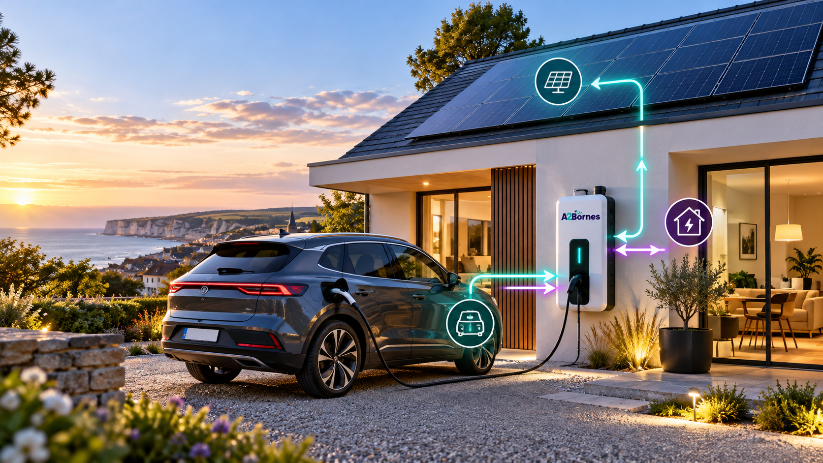 Illustration V2H : maison normande avec panneaux solaires, voiture électrique et borne A2Bornes
